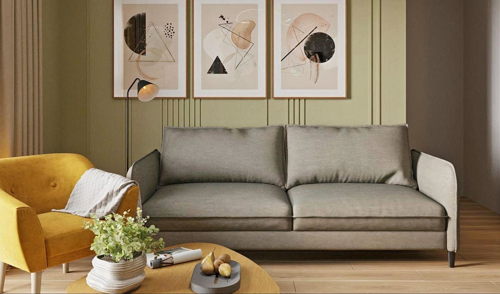 Чтобы добавить тёплых оттенков в интерьер, выкрасили стены в оливковый цвет и предусмотрели предметы декора в разных оттенках жёлтого 